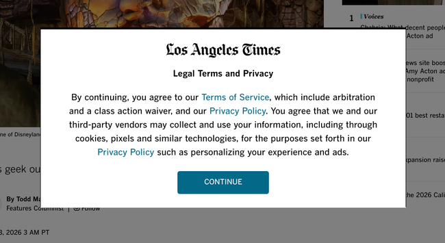 An LA Times dickover informing you that reading its website constitutes "consent" to binding arbitration.