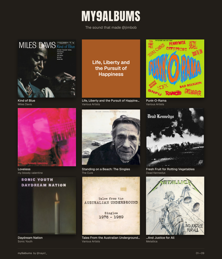 Miles Davis - Kind of Blue
Life Liberty and the Pursuit of Happiness (Adelaide hardcore/garage compilation)
Punk-o-Rama vol. 1
My bloody valentine - Loveless
The Cure - Standing on a Beach compilation
Dead Kennedys - Fresh Fruit for Rotting Vegetables
Sonic Youth - Daydream Nation
Sounds of the Australian Underground compilation
Metallica - And Justice for All...