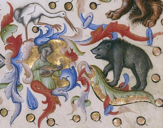 The bear, the stork and the lute player. missal, Bologna ca. 1389-1404. LA, The J. Paul Getty Museum, Ms. 34, fol. 172a.
#medieval #MedievalArt