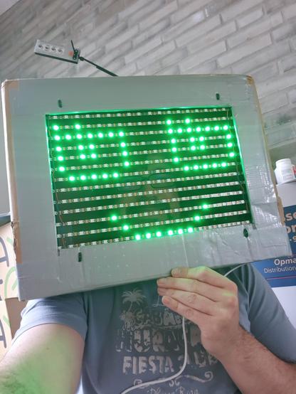 A pixelated green emoji face, displayed on a LED matrix set into the front of a cardboard box on a see-through grille, and the whole contraption is stuck on my head