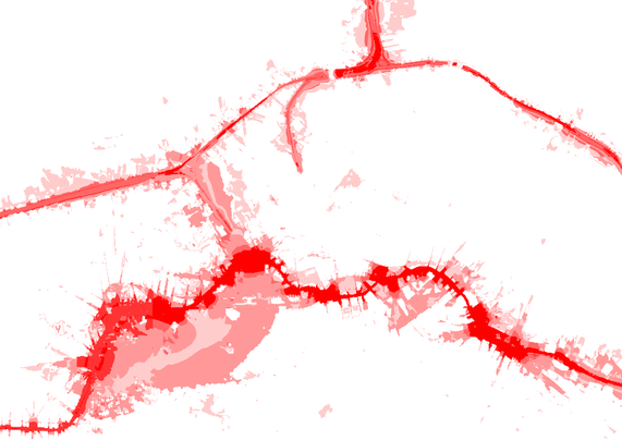 A map showing noise generated by rail services as red polygons around Berlin Hbf and central Berlin . The colour increases in intensity in sound level between 45dB and 75dB.