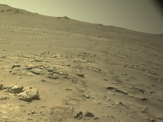 Wheel tracks left by a rover crossing a sandy, rocky Martian slope dotted with scattered boulders and low ridgelines under a pale sky.