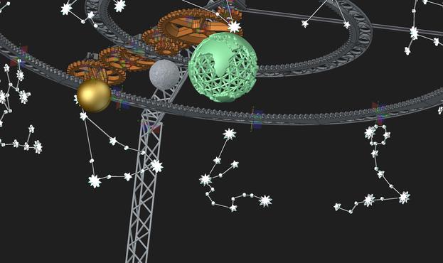 clockwork mechanism with glowing consellations and a sun/earth/moon system