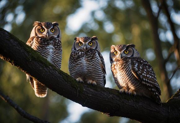 A group of owls sitting in a tree