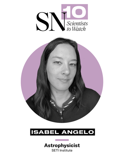 Featured scientist spotlight: black-and-white headshot framed in a purple circle beneath the "SN 10 Scientists to Watch" masthead, labeled as an astrophysicist at the SETI Institute.