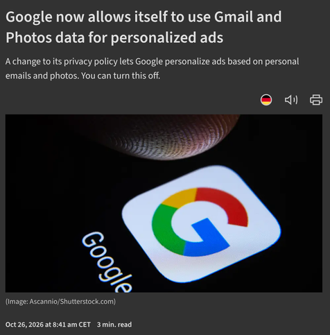 Screenshot of a news article title: "Google now allows itself to use Gmail Photos data for personalized ads. A change to its privacy policy lets Google personalize ads based on personal email and photos. You can turn this off.