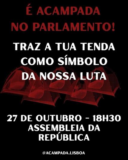 A poster calling for a gathering outside Parliament today at 6:30 p.m., featuring several tents.