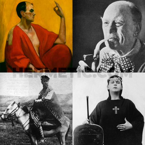 It's a grid of four Crowleys. Top left: Leon Engers Kennedy painting of middle-age Crowley as The Master Therion. Top right: photo of old Crowley with giant eyebrows, smiling, with a big ol' pipe. Bottom left: Crowley looking like a haggard, dirty mountain climber on a donkey as Frater Perdurabo in The Book of Lies. Bottom right: young Crowley looking self-important in a magical robe, wearing a uraeus, with magical tools.