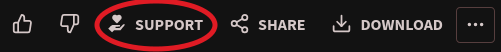Screenshot of the controls below a PeerTube video including thumbs up and down, Support, Share, Download and More. The Support control has been highlighted, and it has an icon next to it showing a hand holding a heart.