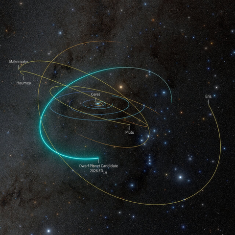 A view of the Solar System showing the orbital pathway of newly discovered dwarf planet candidate 2026 ED138 (ED138). 

The candidate is shown here at its location on 8 May 2026. The model also shows the orbits of the five dwarf planets recognized by the International Astronomical Union (IAU): Pluto, Ceres, Eris, Haumea, and Makemake.

Credit:

NSF–DOE Vera C. Rubin Observatory/NOIRLab/SLAC/AURA/R. Proctor

Image Processing: M. Zamani (NSF NOIRLab)

Orbit data provided by the IAU Minor Planet Center (MPCorb catalog), funded by NASA PDCO and the Tamkin Foundation.

Star map: NASA/Goddard Space Flight Center Scientific Visualization Studio. Gaia DR2: ESA/Gaia/DPAC.