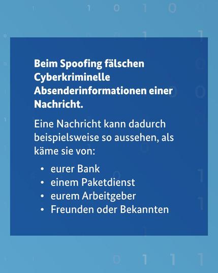 Infografik: Beim Spoofing fälschen Cyberkriminelle Absenderinformationen. Nachrichten können dadurch scheinbar von Banken, Paketdiensten, Arbeitgebern oder Bekannten stammen.