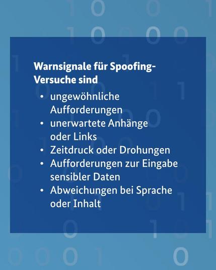 Infografik mit möglichen Warnsignalen für Spoofing, darunter ungewöhnliche Aufforderungen, unerwartete Links oder Anhänge, Zeitdruck und die Abfrage sensibler Daten.
