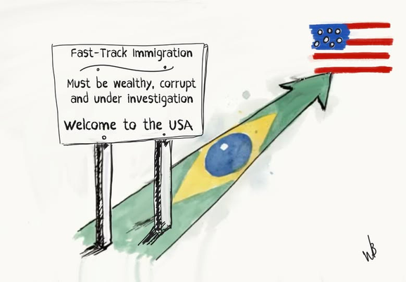A sign sits on an arrow made of the Brazilian flag. The arrow points towards a minimalist US flag with 7 stars and four red stripes. The sign says, "Fast-Track Immigration:
Must be wealthy, corrupt and under investigation.
Welcome to the USA."