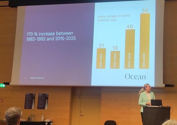 A woman in a pale green jacket stands on stage in front of a blue slide with yellow cars showing an 110% increase in marine heatwaves around Denmark