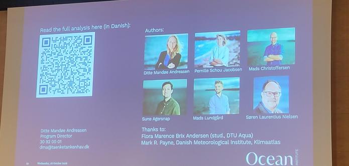 A slide with photos of 6 co authors and a QR code to download a report in Danish about water quality