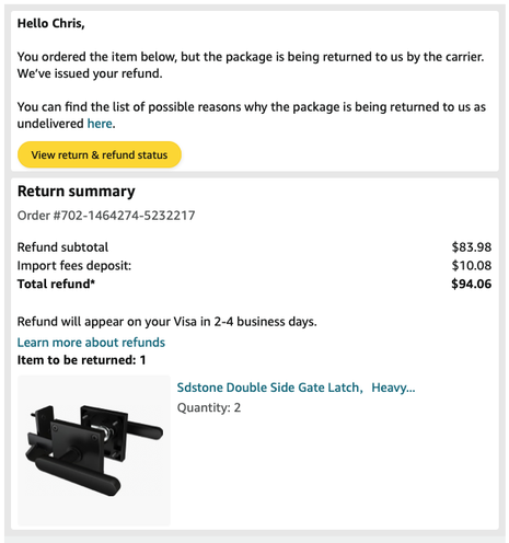 A screenshot from Amazon shows a return for two door handles. They are black coated steel in a lockable gate style.