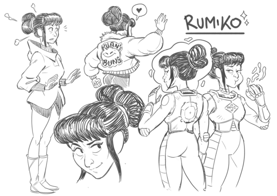 Hoja de diseño de personaje. Diferentes diseños de Rumiko, con ropa normal y con el traje espacial. De descendencia árabe, tiene pelo negro atado en un moño grande y patillas que caen a los lados.