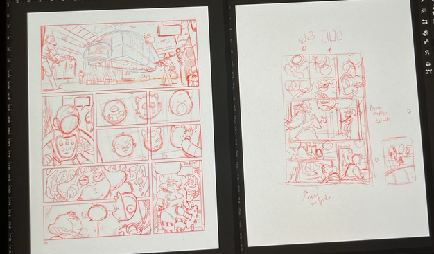 Una página a lápiz y otra levemente esbozada a modo de storyboard de mi cómic Astronómico.