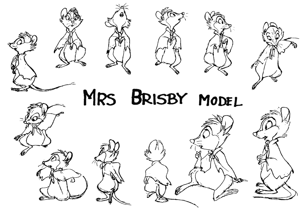 A model sheet for Mrs. Brisby, a cartoon female mouse character from the movie the Rats of NIMH. Features a dozen pencil drawings of her from various angles and in various poses.