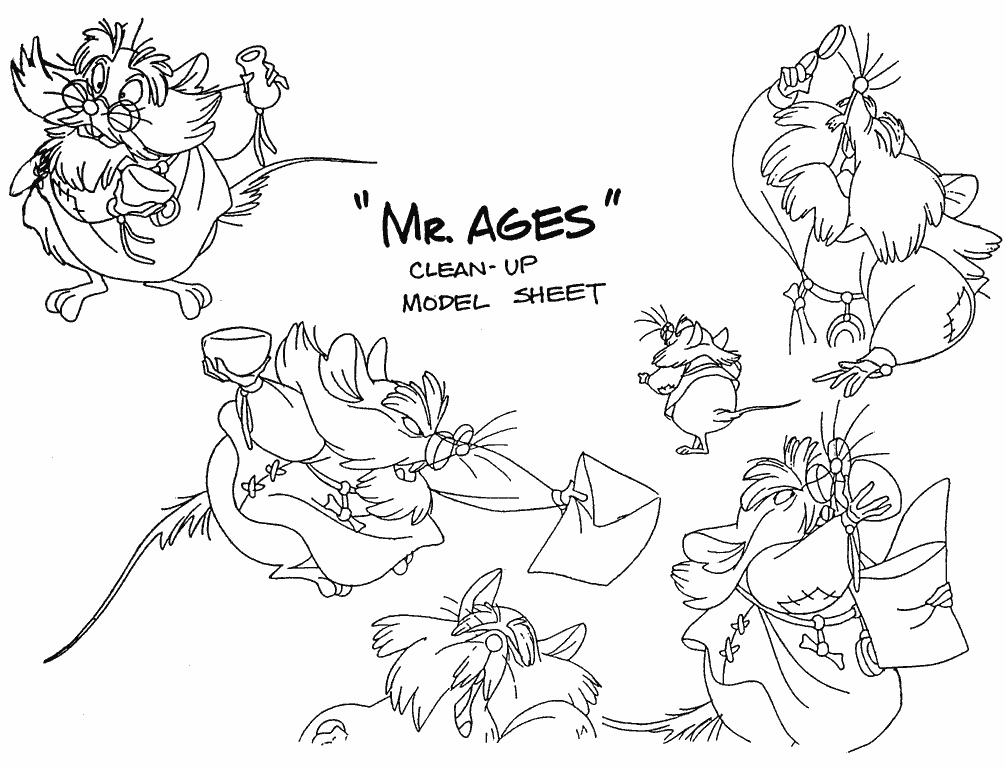 A model sheet of Mr. Ages, an elderly mouse character, featuring several pencil drawings of him from various angles and in various poses.