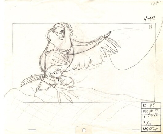 A pencil drawing of Jeremy, the bird, gesticulating, as Mrs. Brisby crawls on his feet trying to untangle him from a long string.
