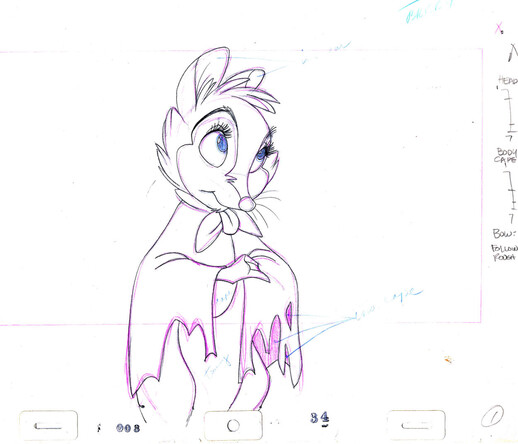 An animation drawing close-u of Mrs. Brisby, smiling shyly. Drawing in pencil with pink and blue pencil accents/notes.