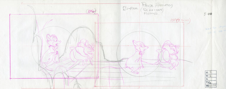 A pencil layout drawing of Mrs. Brisby walking across a scene with Mr. Ages.