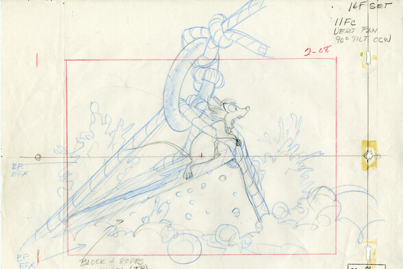An animation layout drawing of Mrs. Brisby clinging to a rope tied around a brick, rapidly sinking into mud. Its drawing with pencil, blue pencil, and red pencil to indicate the "camera".