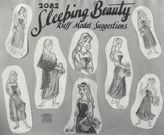 A photo of several pencil drawings of Aurora from Sleeping Beauty, cut out and pasted to a grey board titled "2082, Sleeping Beauty, Ruff Model Suggestions". The drawings show Aurora mainly standing in various positions, sometimes wrapped in a shawl and holding a basket of flowers.