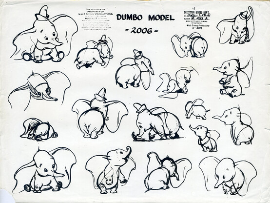 A model sheet featuring the baby elephant character Dumbo, with a dozen or so drawings of him in various positions and angles. Drawn in a rather rough, sketchy style.