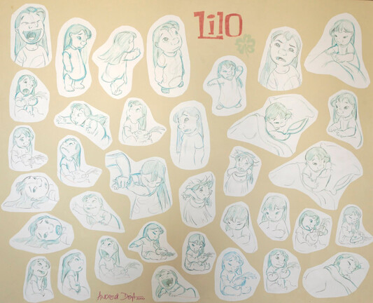 A rough model sheet of Lilo from the movie Lilo & Stitch. Shows dozens of blue pencil rough drawings of Lilo in various positions, expressions, and angles cut and pasted onto a yellow board. Titled "Lilo" and signed by Andreas Deja.