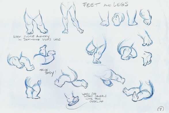 Some extra "tutorial: drawings focusing on the style of Lilo's feet and legs, short and pudgy compared to regular people's. Notes include: "Keep subtle anatomy in designing Lilo's legs.", "Think baby!", and "When she wears sandals look for overlap."