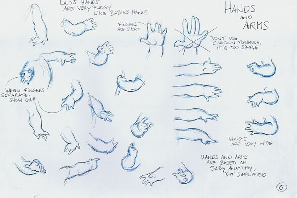 More "tutorial" drawings, focusing on the style of Lilo's arms and hands. Notes include: "Lilo's hands are very pudgy, like babies (sic) hands", "Fingers are short", "Don't use cartoon formula, it is too simple", "When fingers separate, show gap", "Wrists are very wide", and "Hands and arms are based on baby anatomy, but simplified."