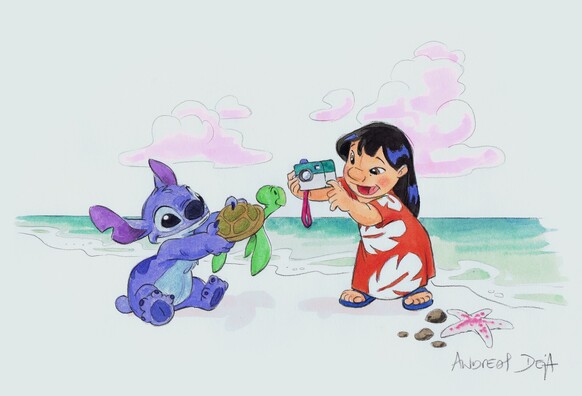A coloured pencil drawing of Stitch excitedly holding up a sea turtle for Lilo to photograph. It's signed by Andreas Deja.