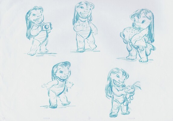 Five blue pencil drawings of Lilo dressed in a striped swimsuit, in various positions. In one she's holding a camera, in another a large fish.