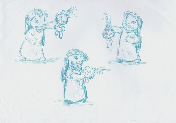 Three blue pencil drawings of lilo wearing her signature dress holding up Scrump, her handmade doll, looking very proud.