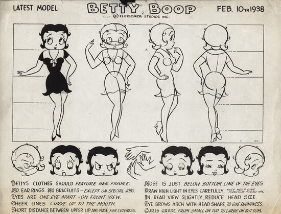 A model turn-around sheet for Betty Boop. She stands provocatively in the turn around. At the bottom are a series of faces with different expressions. Tect reads: "Latest Model. Betty Boop. Feb 10th 1939." and "Betty's clothes should feature her figure. Not ear rings. No bracelets- except on special jobs. Eyes are one eye apart - on front view. Cheek lines curve up to the mouth. Short distance between upper lip and nose, for cuteness." Also: "Nose is just below bottom line of the eyes. Draw high light in eyes carefully (they help give direction in close ups). In rear view slightly reduce head size. Eye brows arch with head shape to give roundness. Curls grade from small on top to large on bottom."