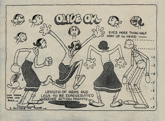 A model sheet for Popeye's long suffering girlfriend, Olive Oyl. Shows her in different positions, a construction drawing, and many heads with different expressions. Some text: "Eyes more than half way up in head", and "Length of arms and legs to be exaggerated wherever action permits."