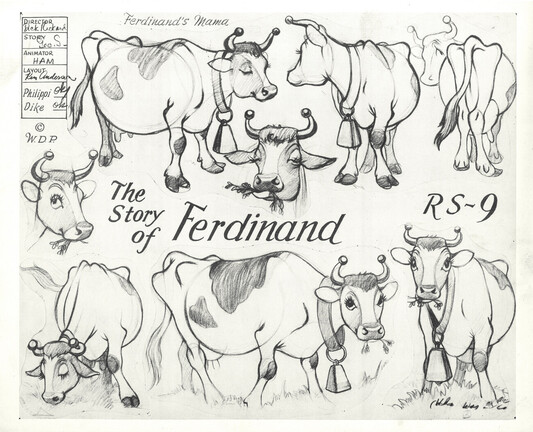 A model sheet for Ferdinand's Mama, a very sweet cow with horns and a cowbell. Features several rough pencil drawings of her in various positions.
