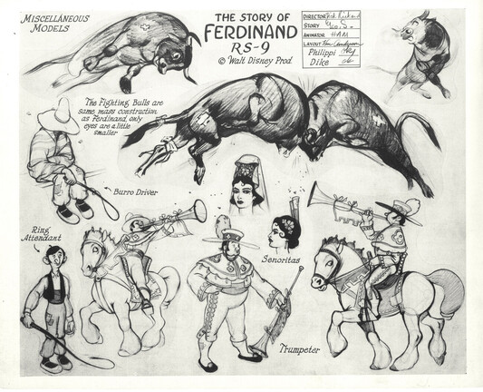 Miscellaneous models from Ferdinand the Bull. Features rough pencil drawings of a few different fighting bulls, a burro driver, a ring attendant, a mounted trumpeter, and the head of a beautiful woman.