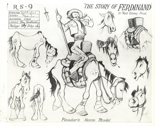 A model sheet of Picador's horse, a rather worn-out looking nag with a self-important matador riding him. Features several drawings of the horse in various positions, all sway-backed and cartoony, with one of him mounted.