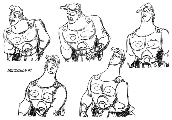 Five rough animation drawings of the character Hercules reacting to something with interesting facial features.