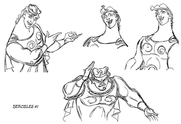 Four more rough key animation drawings of Hercules in various positions and expressions.