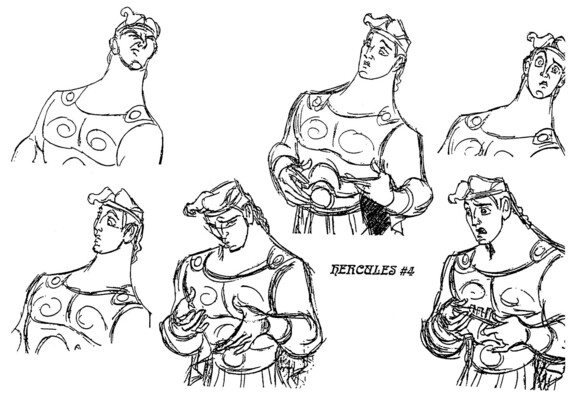 A half-dozen drawings of Hercules once more reacting to something, with a focus on his facial expressions.
