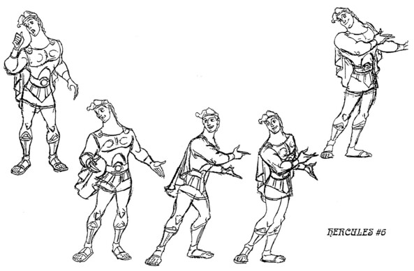 Five full-body key animation drawings of Hercules in the act of gesturing toward something to his left.