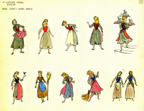Ten rough drawings of the character Cinderella in her ragged maid outfits, in various positions. They've been coloured with watercolours, exploring different colour schemes. In the top left-hand corner is the text: "1st Costume Model. 3/25/48. Prod. 1020 - Work Dress"