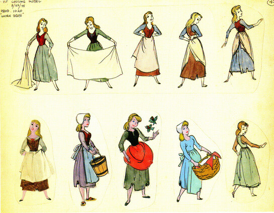 Ten more drawings of the same, different outfits with different colour explorations. The first five show Cinderella in the process of picking up a white sheet and wrapping it around her waist as an apron.