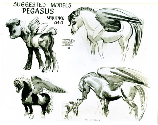 Gorgeous ink wash drawings of models for the Pegasus family. There's a drawing of a dark foal, a white mare, a dark stallion, and the mare and foal.
