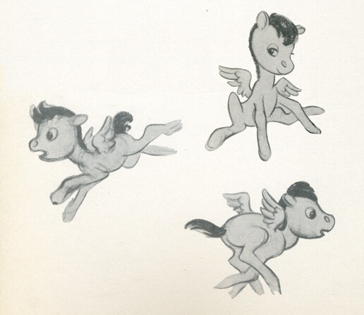 Three small drawings of a cartoony and very cute pegasus foal.