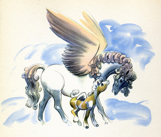 A watercolour wash sketch of a white pegasus mare with a palamino paint foal, walking together, surrounded by fluffy clouds..